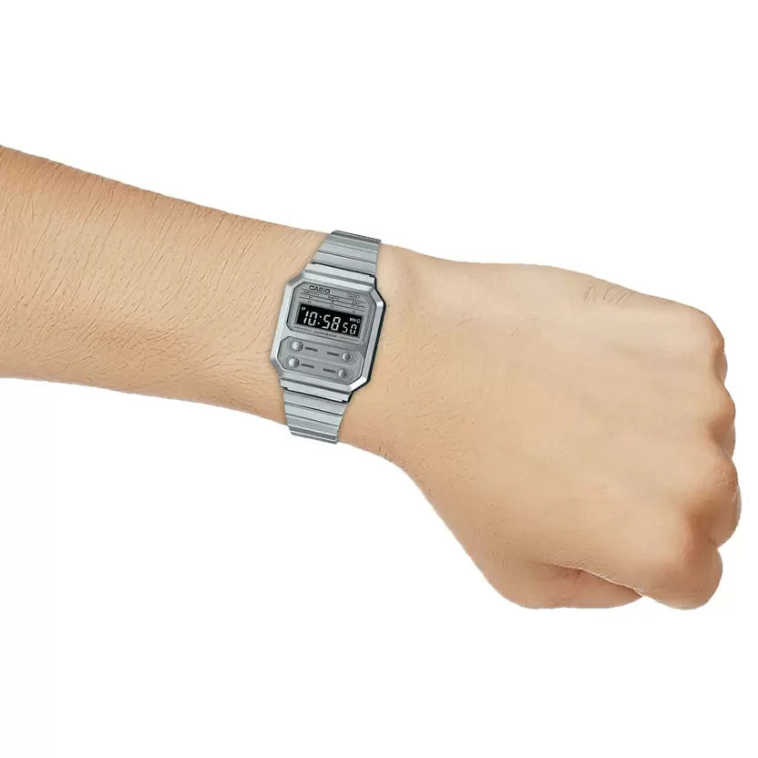 Reloj Casio A100WE-7B Plateado Digital Vintage Acero Inoxidable