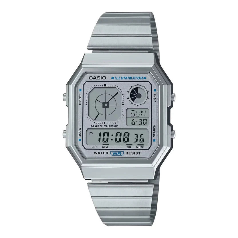 Reloj Casio Vintage A130WE-7ADF Plateado Digital LCD Azul