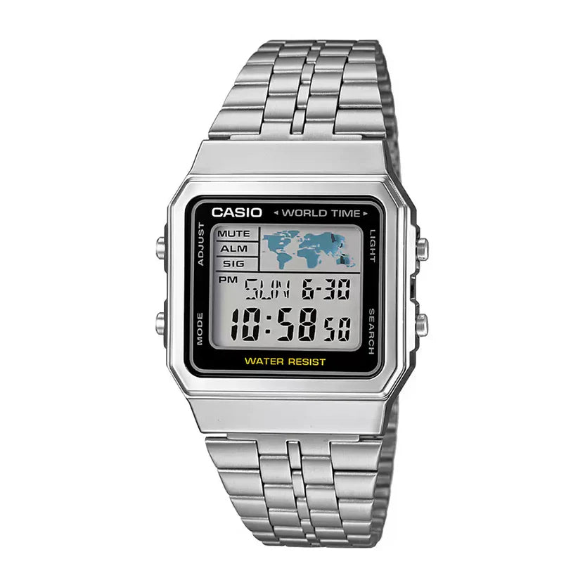 Reloj Casio A500WA-1 Plateado Retro World Time