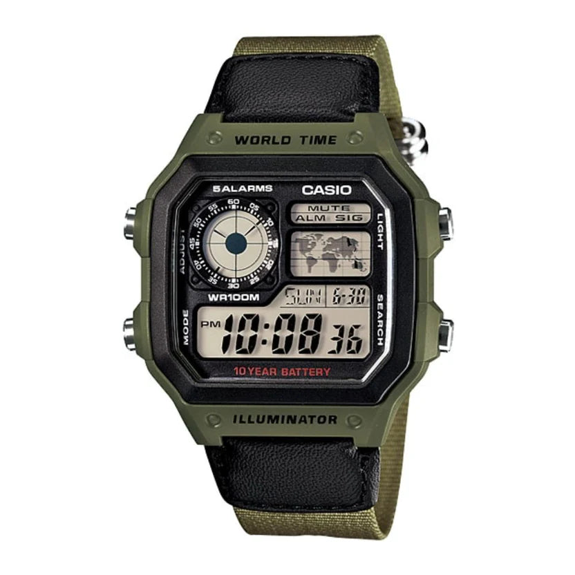Reloj Casio AE-1200WHB-3BV World Time Verde Correa Textil 100M