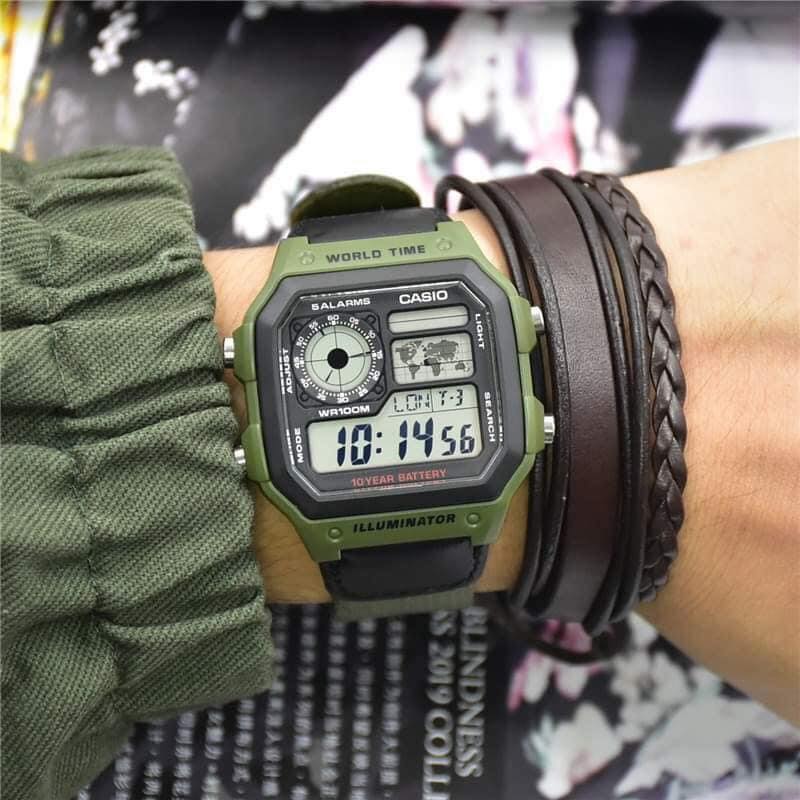 Reloj Casio AE-1200WHB-3BV World Time Verde Correa Textil 100M