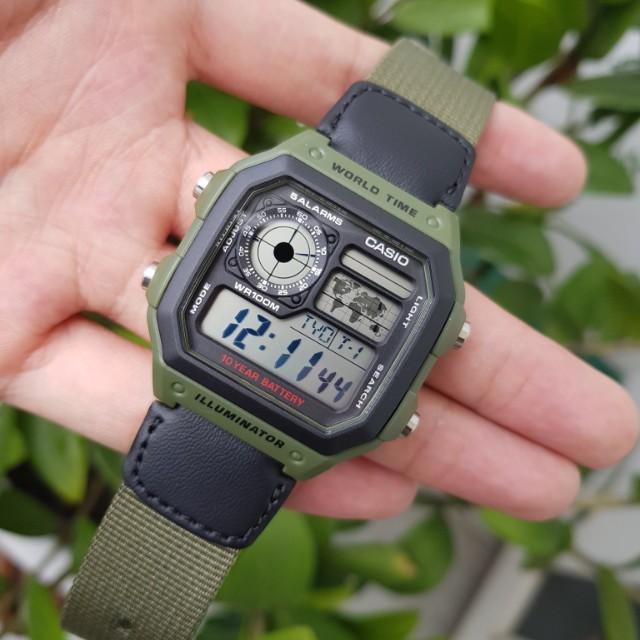 Reloj Casio AE-1200WHB-3BV World Time Verde Correa Textil 100M