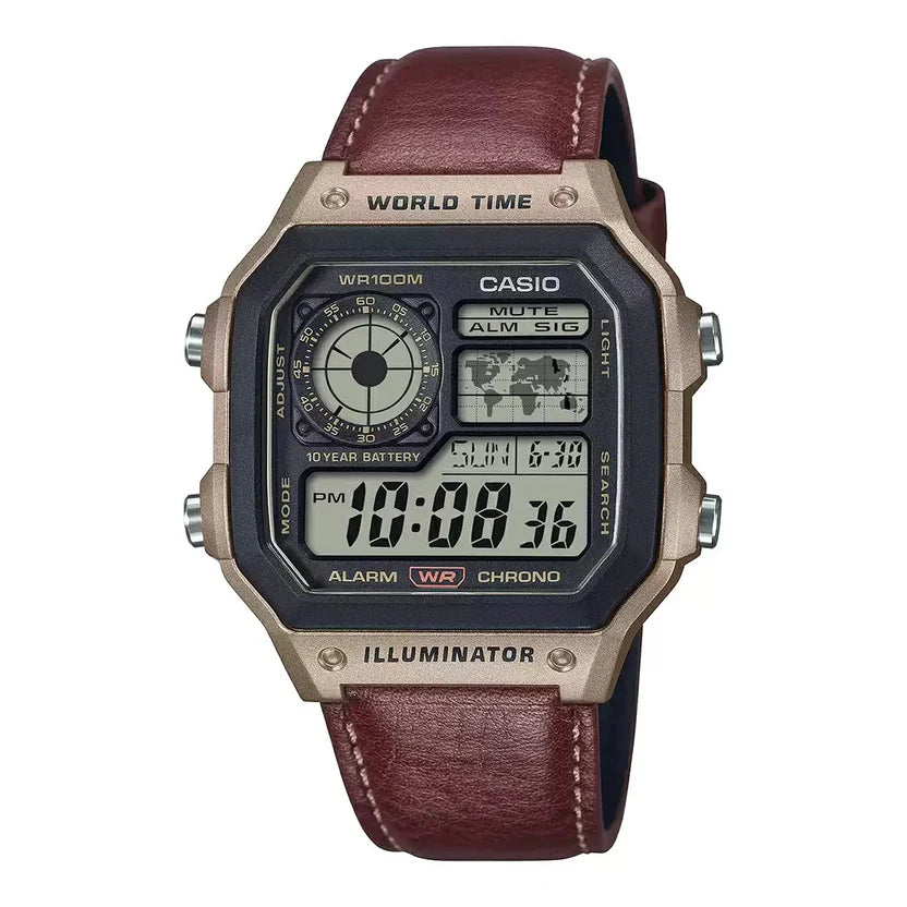 Reloj Casio AE-1200WHL-5AV World Time Cuero Café 100M Digital Original