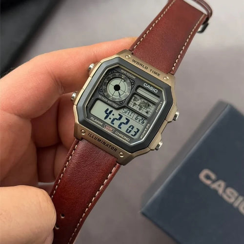 Reloj Casio AE-1200WHL-5AV World Time Cuero Café 100M Digital Original