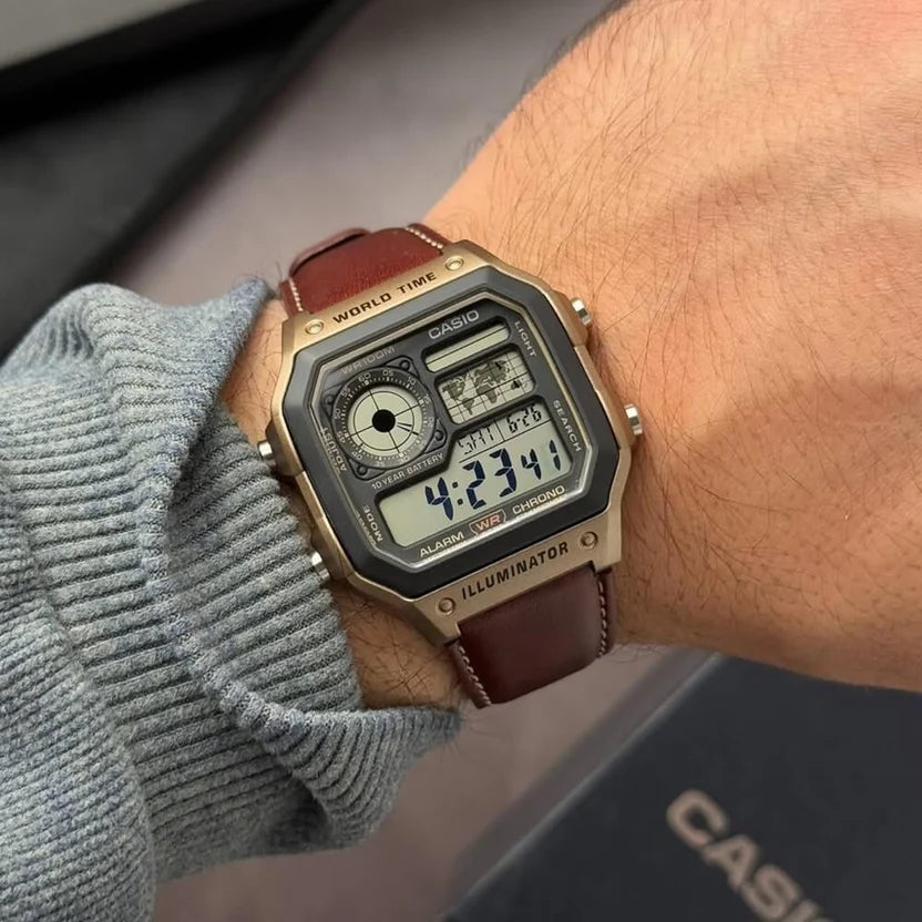 Reloj Casio AE-1200WHL-5AV World Time Cuero Café 100M Digital Original