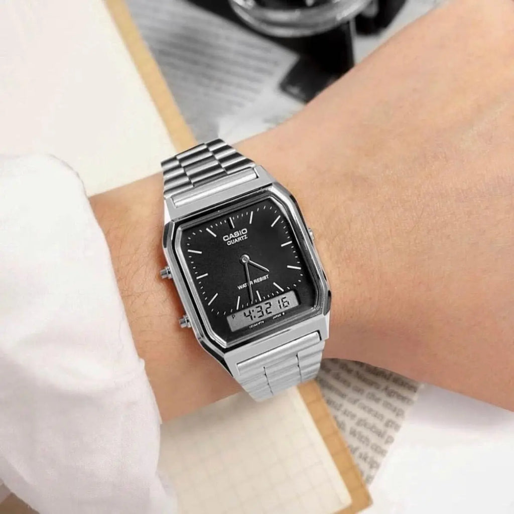 Reloj Casio AQ-230A-1DMQ Negro Plateado Vintage Ana-Digi