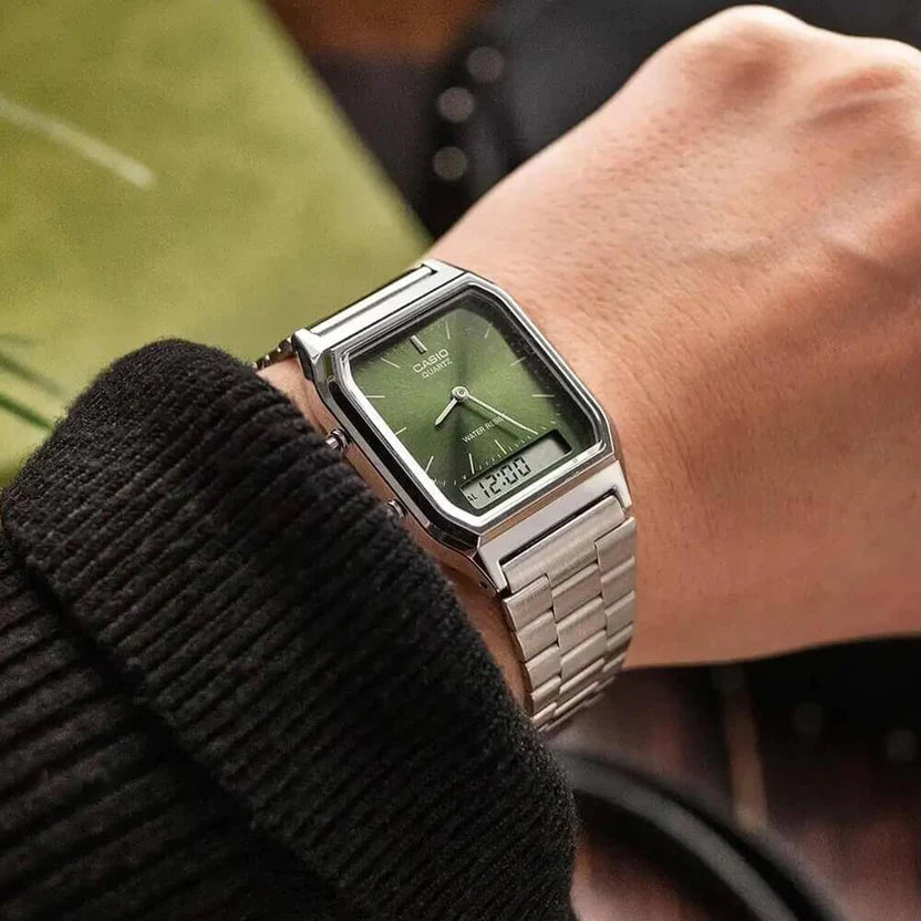 Reloj Casio AQ-230A-3AMQY Vintage Acero Inoxidable Oliva Analógico Digital