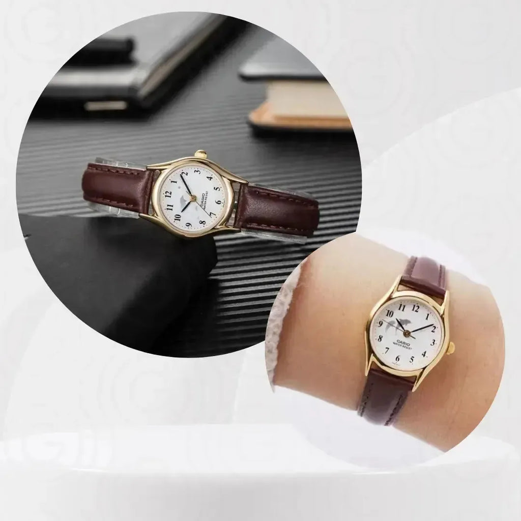 Reloj Casio LTP-1094Q-7B9 Correa de Cuero Negro Esfera Blanca Dorado Clásico Elegante