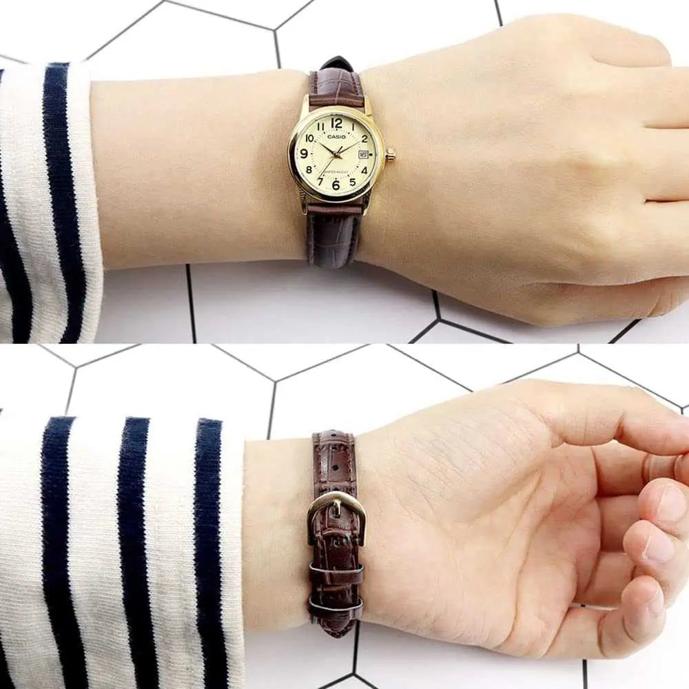 Reloj Casio LTP-V002GL-9B Dorado Cuero Marrón Water Resistant