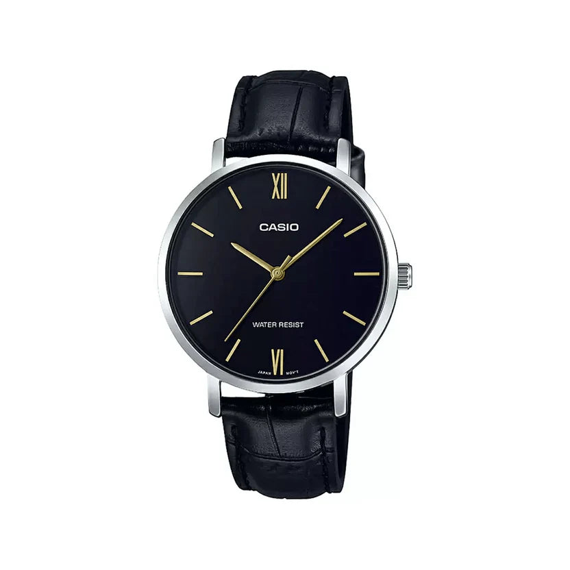 Reloj Casio LTP-VT01L-1B Correa de Cuero Negro Esfera Negra Minimalista