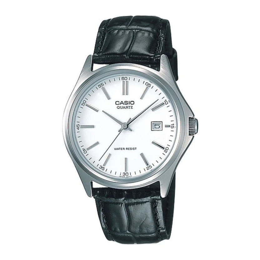 Reloj Casio MTP-1183E-7A Correa de Cuero Negro Esfera Blanca Clásico Elegante