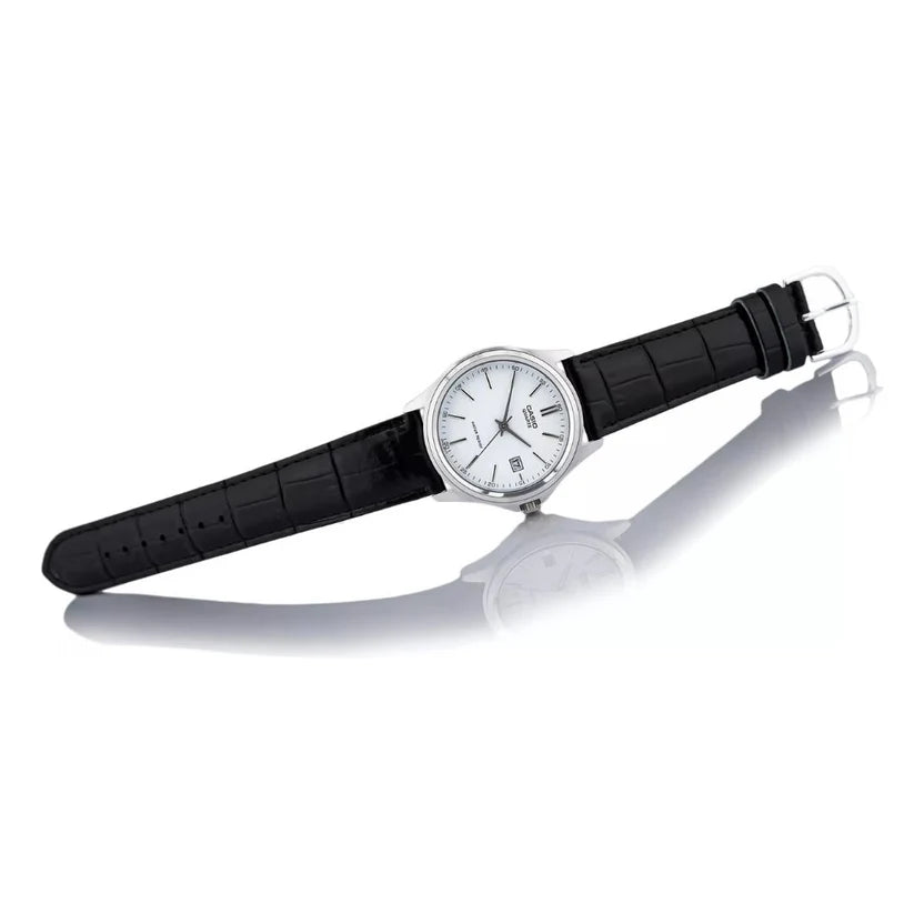 Reloj Casio MTP-1183E-7A Correa de Cuero Negro Esfera Blanca Clásico Elegante