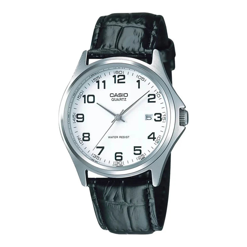 Reloj Casio MTP-1183E-7B Correa de Cuero Negro Esfera Blanca Clásico Elegante