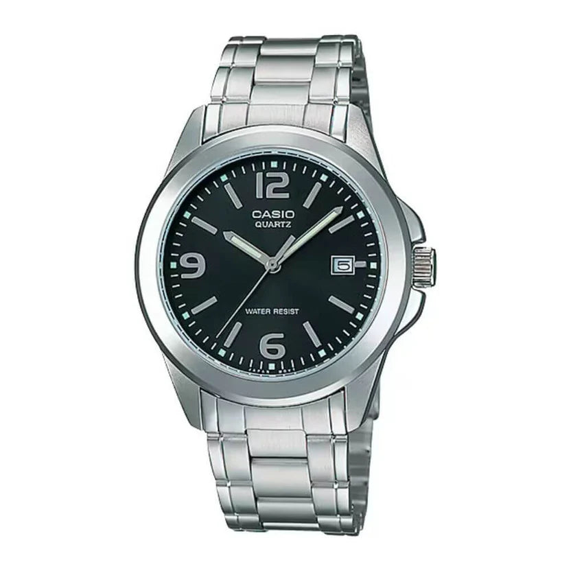 Reloj Casio MTP-1215A-1A Acero Inoxidable Esfera Negra Clásico Elegante
