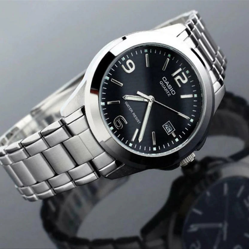 Reloj Casio MTP-1215A-1A Acero Inoxidable Esfera Negra Clásico Elegante
