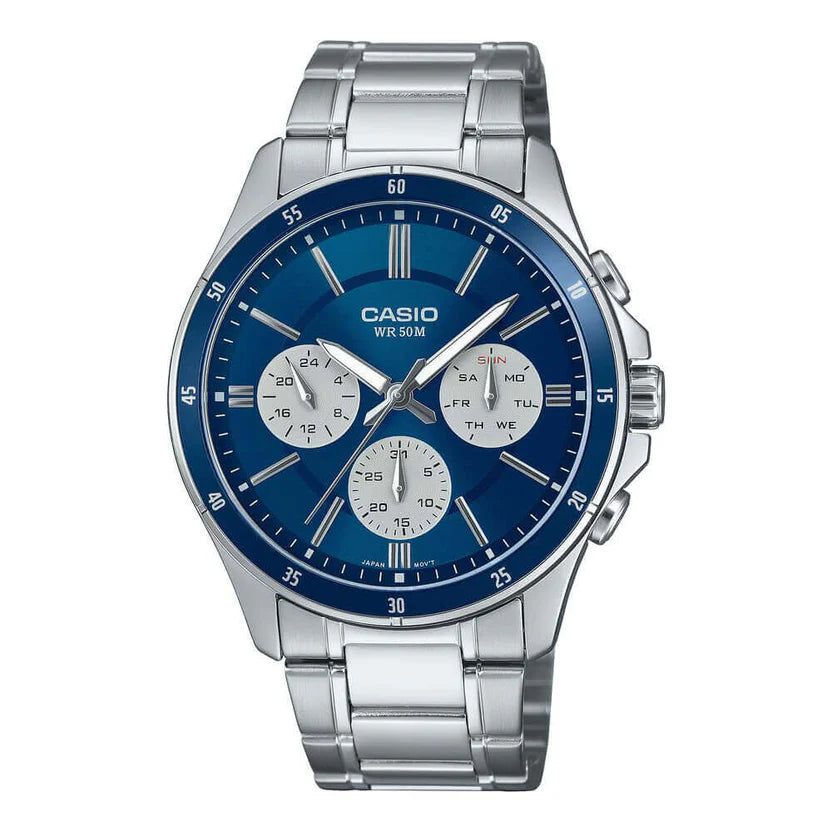 Reloj Casio MTP-1374D-2A3 Acero Inoxidable Esfera Azul Claro Día y Fecha 50M