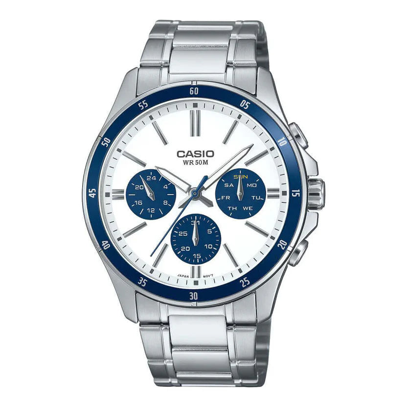 Reloj Casio MTP-1374D-7A2 Acero Inoxidable Esfera Blanca Multifunción 50M