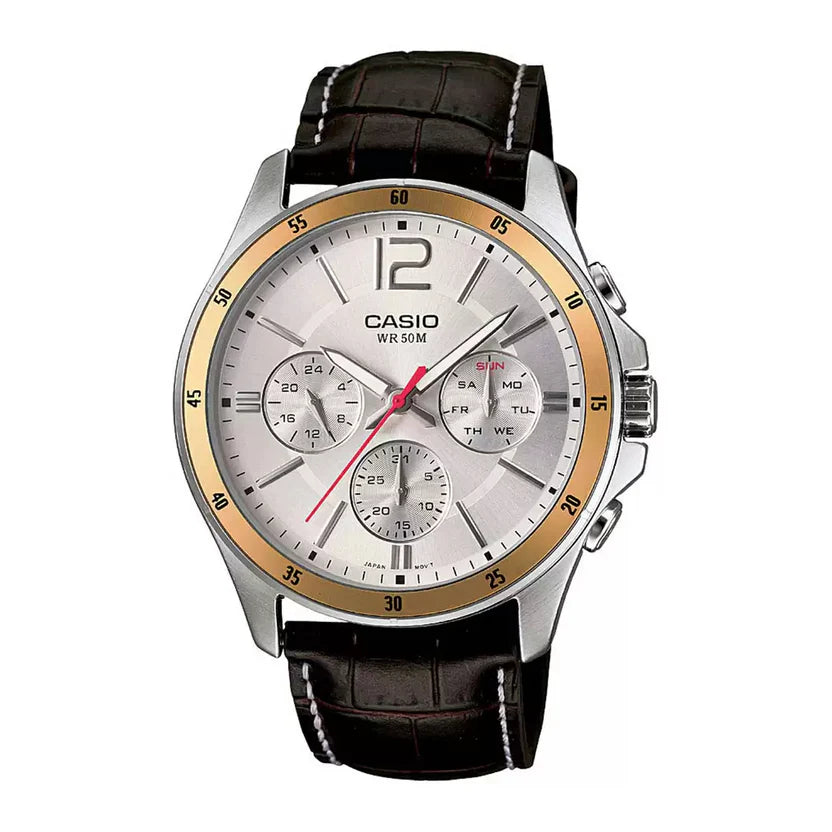 Reloj Casio MTP-1374L-7A Correa de Cuero Negro Esfera Blanca Multifunción 50M