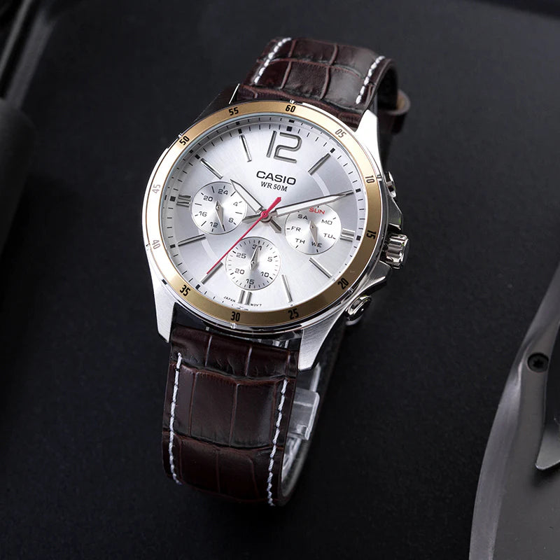 Reloj Casio MTP-1374L-7A Correa de Cuero Negro Esfera Blanca Multifunción 50M