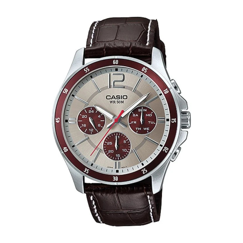 Reloj Casio MTP-1374L-7A1 Correa de Cuero Negro Esfera Blanca Multifunción 50M