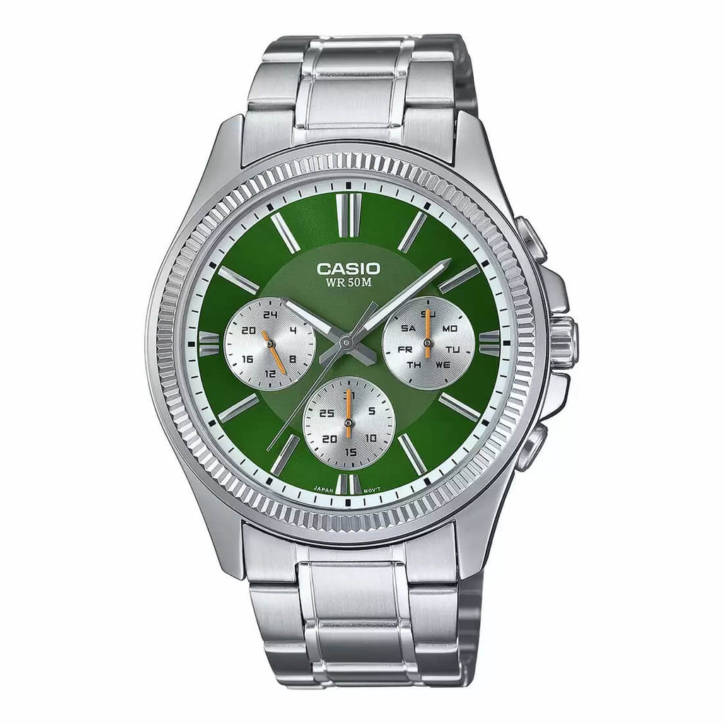Reloj Casio MTP-1375D-3A Acero Inoxidable Esfera Verde Multifunción 50M