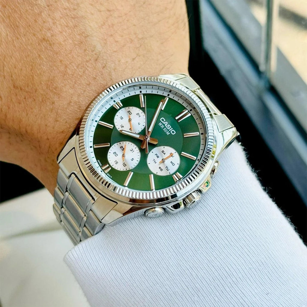 Reloj Casio MTP-1375D-3A Acero Inoxidable Esfera Verde Multifunción 50M