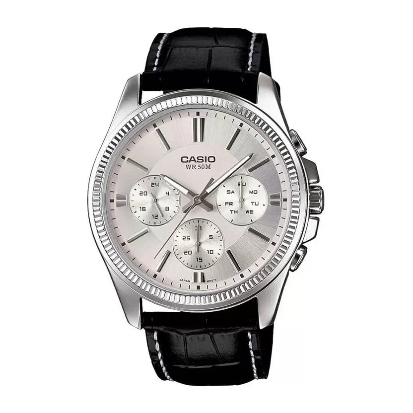 Reloj Casio MTP-1375L-7AV Correa de Cuero Negro Esfera Blanca Multifunción 50M