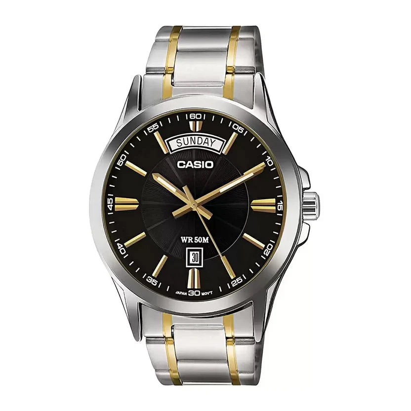 Reloj Casio MTP-1381G-1AV Dorado Acero Inoxidable Esfera Negra Multifunción 50M