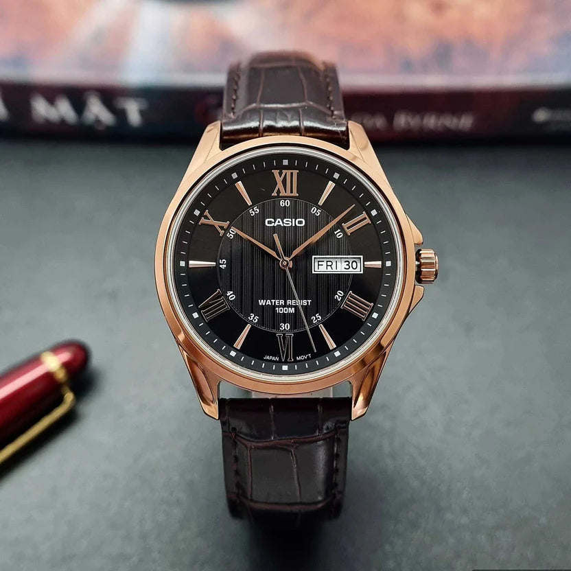 Reloj Casio MTP-1384L-1AVDF Negro Cuero Marrón 100M