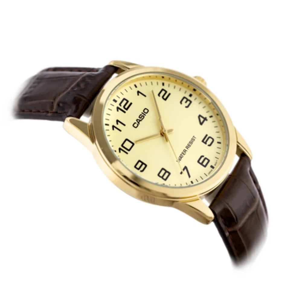Reloj Casio MTP-V001GL-9B Dorado Correa de Cuero Café
