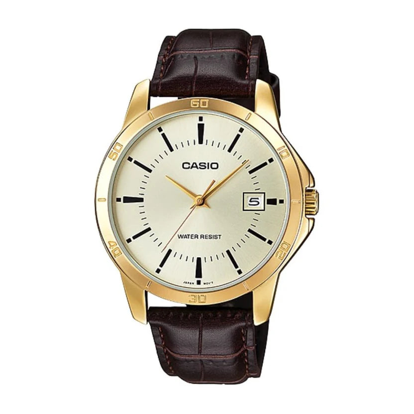 Reloj Casio MTP-V004GL-9A Correa de Cuero Marrón Caja Dorada Esfera Dorada