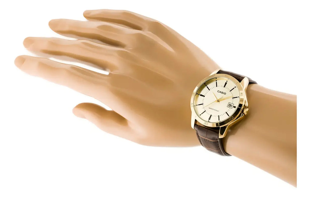 Reloj Casio MTP-V004GL-9A Correa de Cuero Marrón Caja Dorada Esfera Dorada