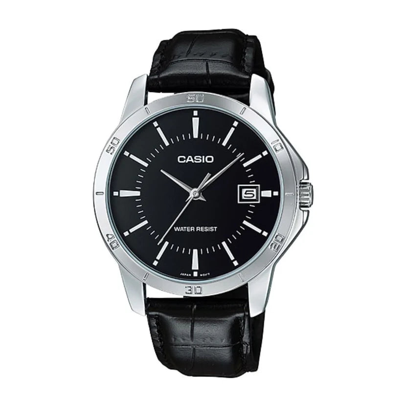 Reloj Casio MTP-V004L-1A Cuero Negro Esfera Negra Fecha 30M