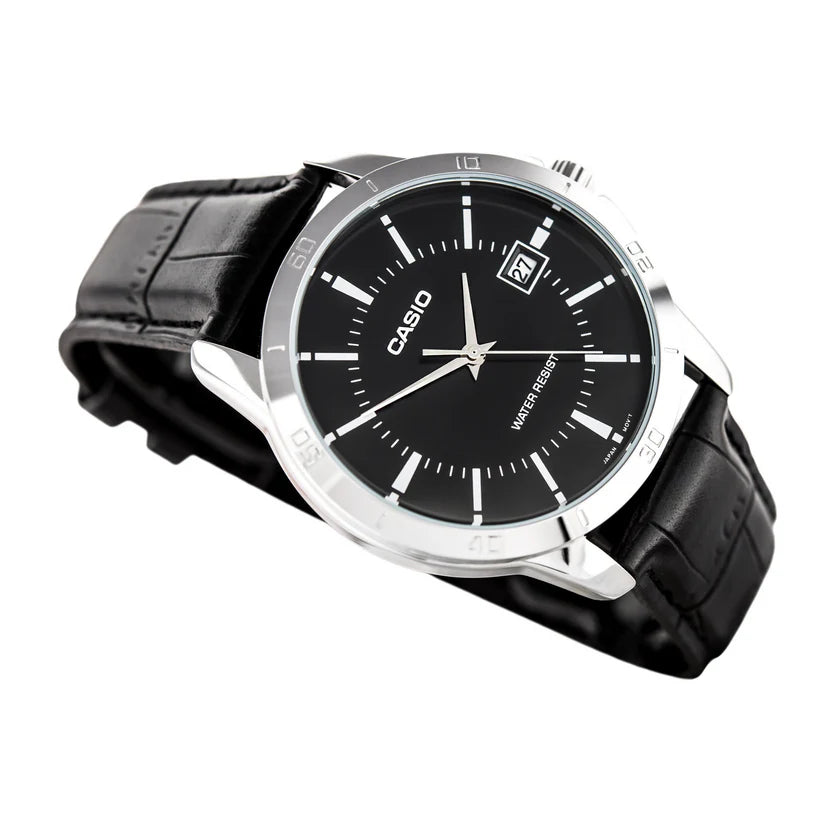 Reloj Casio MTP-V004L-1A Cuero Negro Esfera Negra Fecha 30M