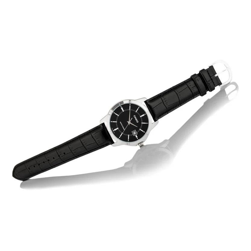 Reloj Casio MTP-V004L-1A Cuero Negro Esfera Negra Fecha 30M