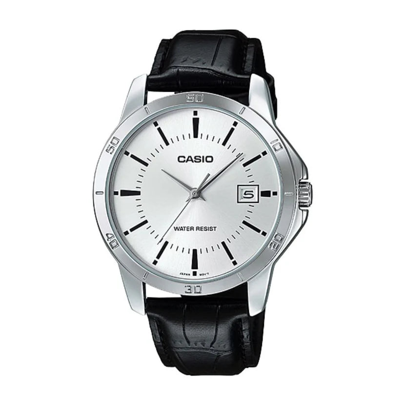 Reloj Casio MTP-V004L-7A Correa de Cuero Negro Esfera Blanca Clásico Elegante