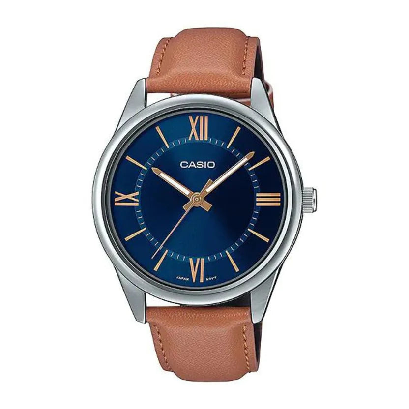 Reloj Casio MTP-V005L-2B5 Correa de Cuero Marrón Esfera Azul Elegante