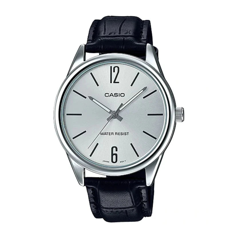 Reloj Casio MTP-V005L-7B Correa de Cuero Negro Esfera Blanca Elegante