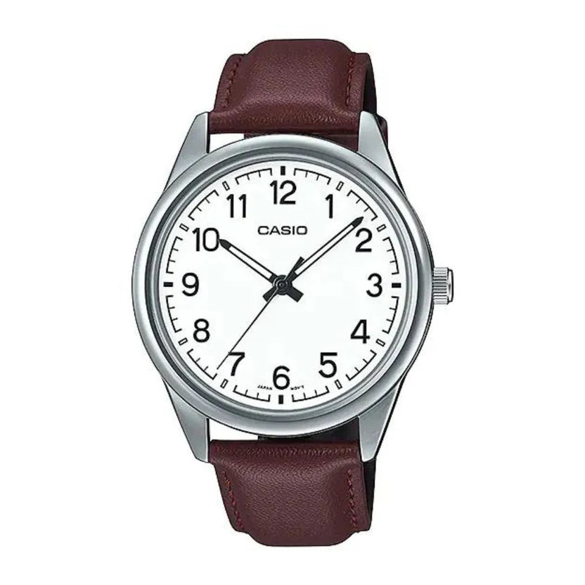 Reloj Casio MTP-V005L-7B4 Correa de Cuero Negro Esfera Blanca Clásico