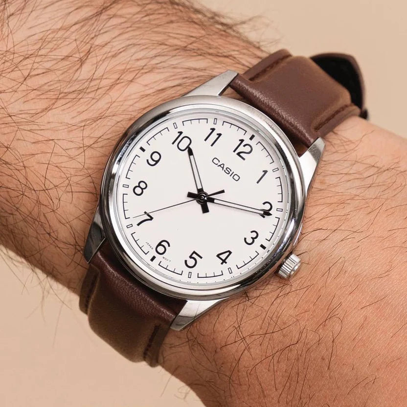Reloj Casio MTP-V005L-7B4 Correa de Cuero Negro Esfera Blanca Clásico