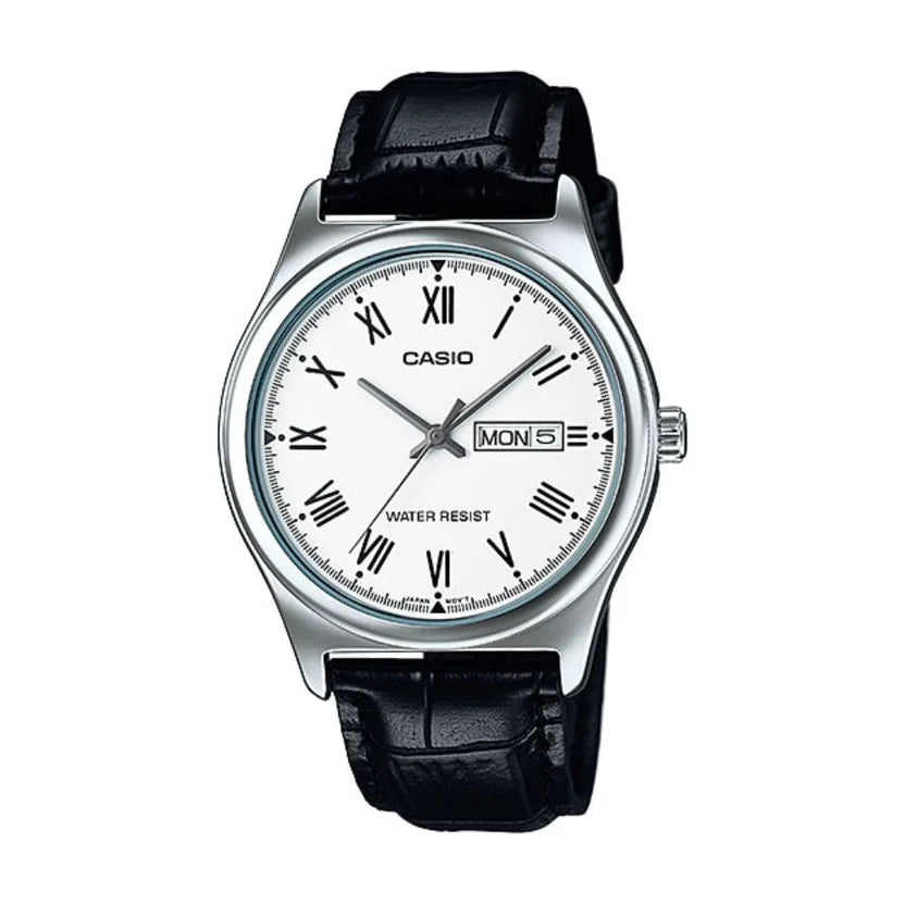 Reloj Casio MTP-V006L-7B Correa de Cuero Negro Esfera Blanca Clásico Elegante