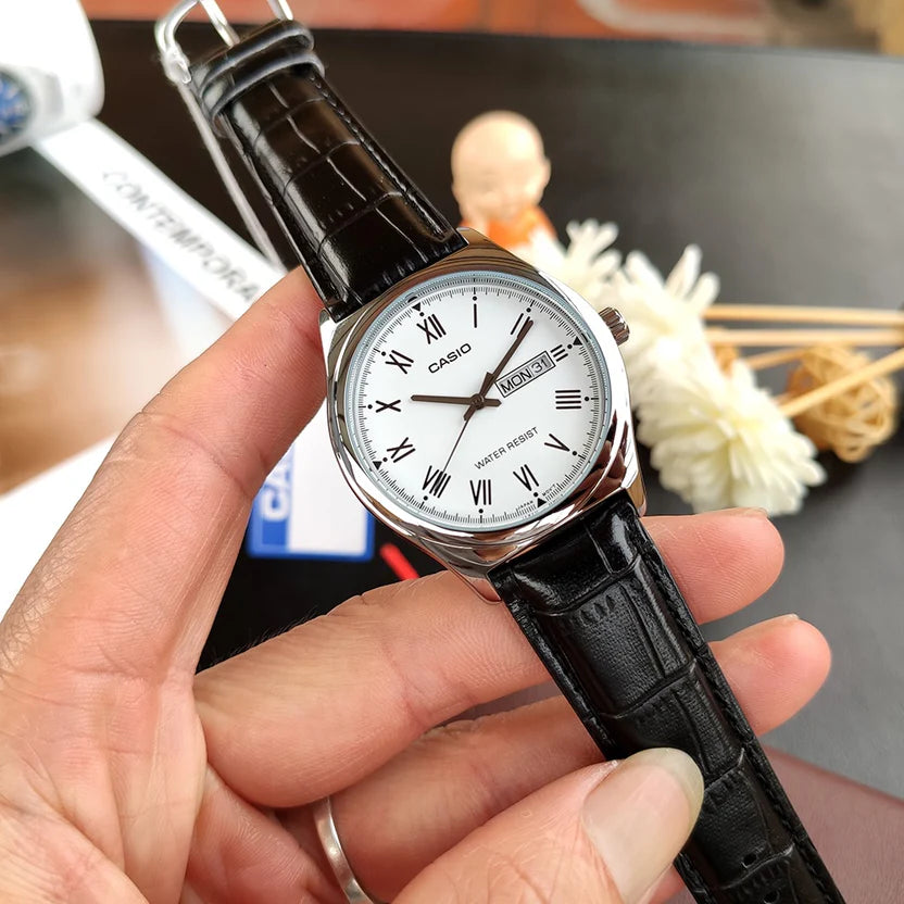 Reloj Casio MTP-V006L-7B Correa de Cuero Negro Esfera Blanca Clásico Elegante