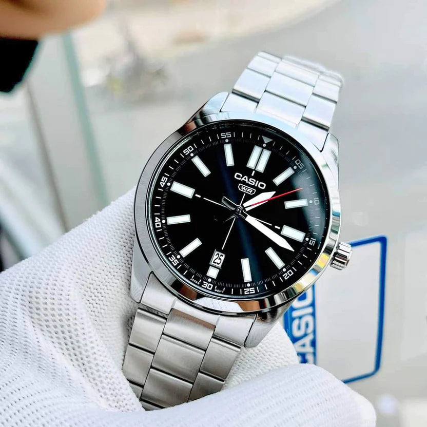 Reloj Casio MTP-VD02D-1E Acero Inoxidable Esfera Negra Fecha 50M