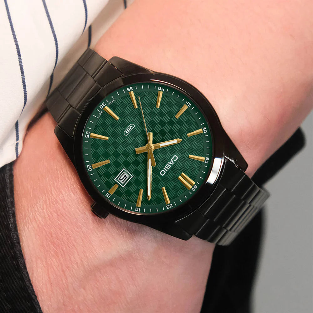 Reloj Casio MTP-VD03B-3A Negro Acero Inoxidable Esfera Verde 50M