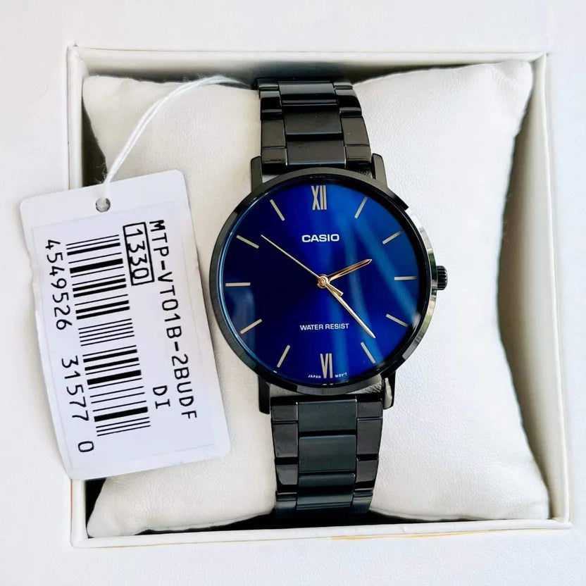 Reloj Casio MTP-VT01B-2BUDF Negro Acero Inoxidable Esfera Azul Minimalista