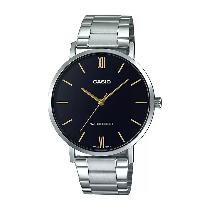 Reloj Casio MTP-VT01D-1B Acero Inoxidable Esfera Negra Minimalista 30M