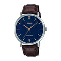 Reloj Casio MTP-VT01L-2B Cuero Café Esfera Azul Minimalista 30M