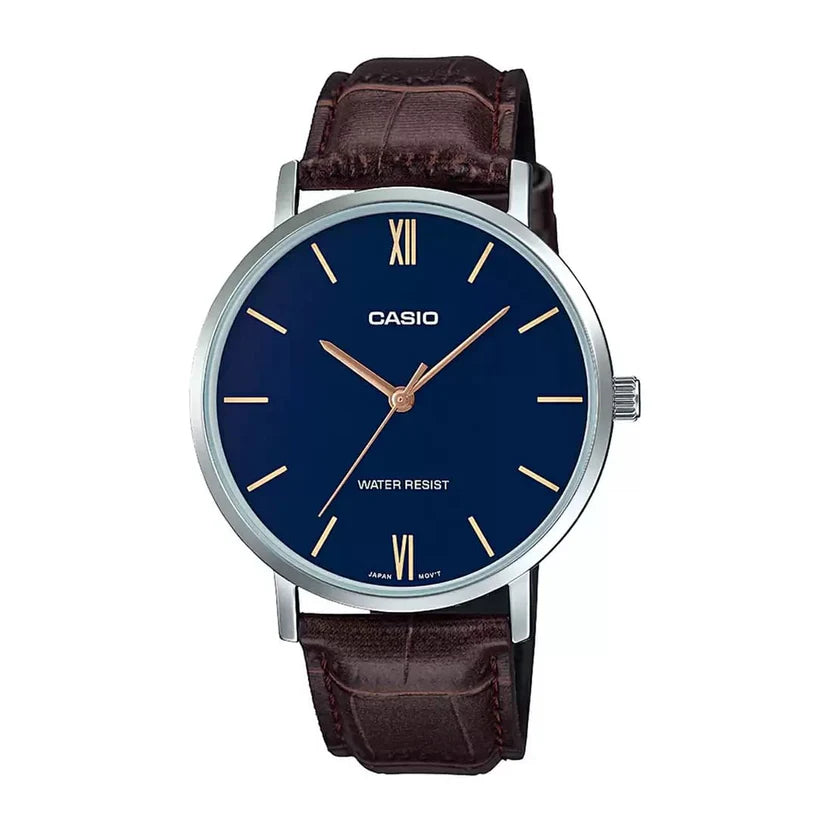 Reloj Casio MTP-VT01L-2B Cuero Café Esfera Azul Minimalista 30M
