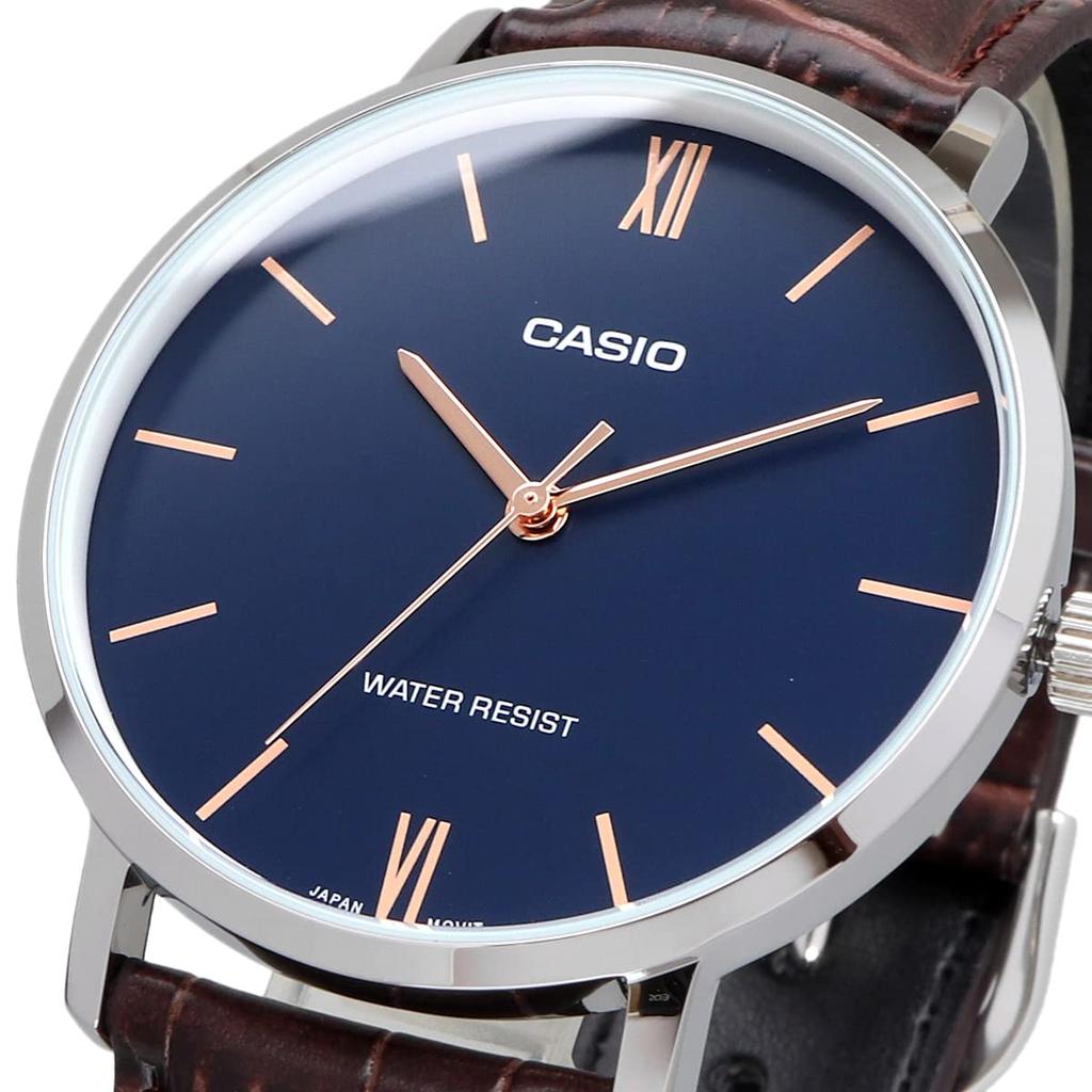 Reloj Casio MTP-VT01L-2B Cuero Café Esfera Azul Minimalista 30M