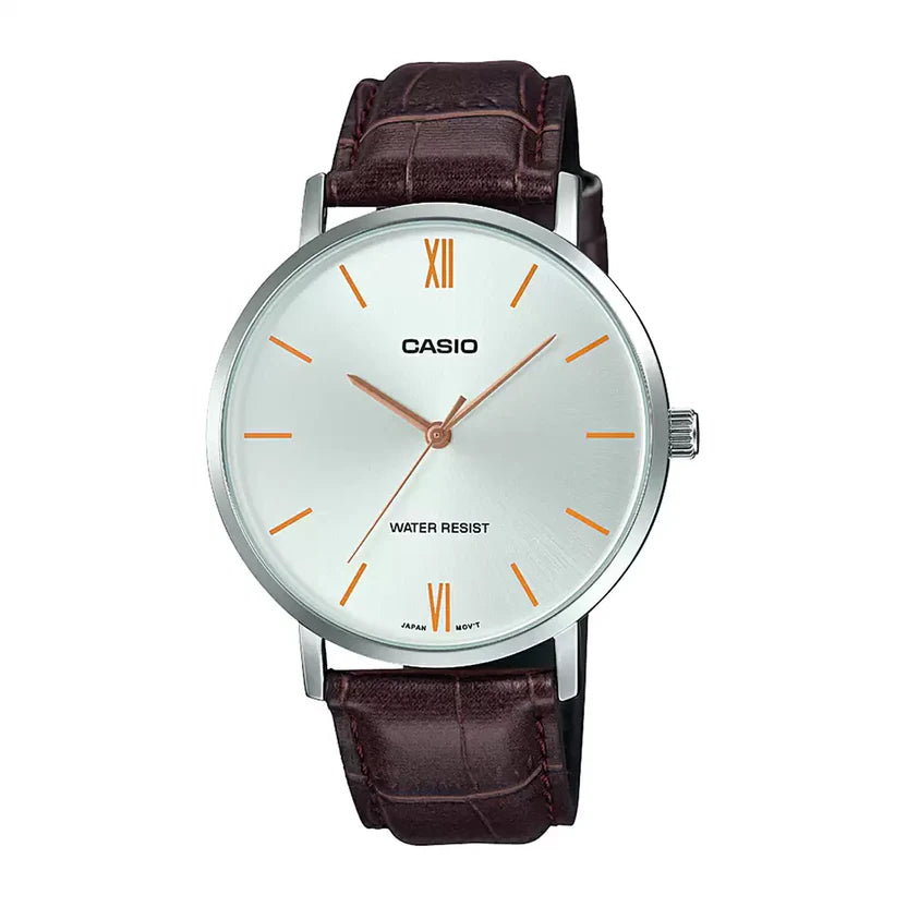 Reloj Casio MTP-VT01L-7B2 Correa de Cuero Negro Esfera Blanca Minimalista